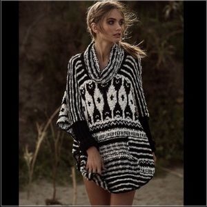 Free people Rosie Lee poncho cowl neck chunky knit oversized sweater black white